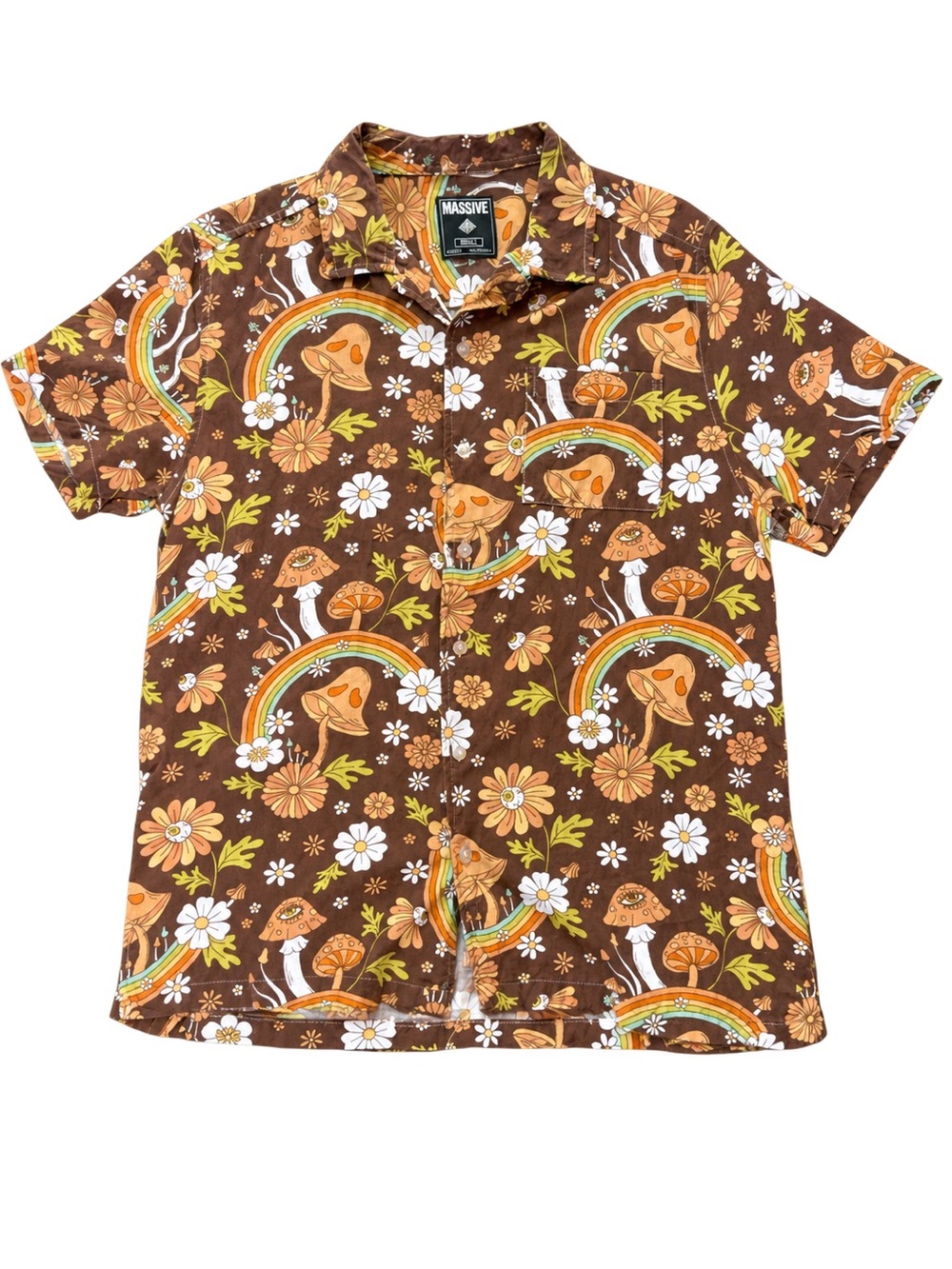 Massive Retro Mushroom Short-Sleeve Button-Down Shirt - Brown/Orange